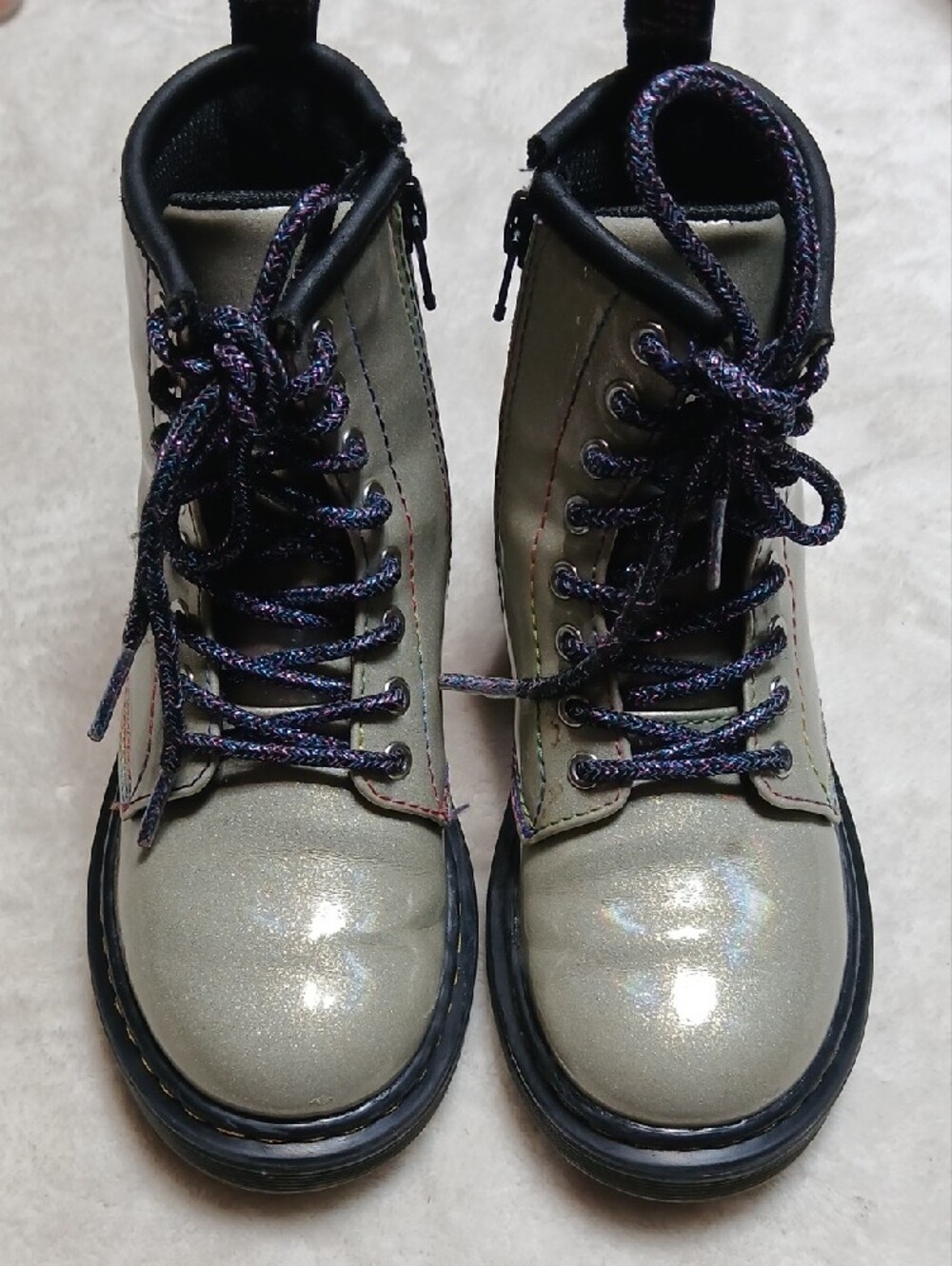 Dr. Martens Kids Iridescent Silver Combat Boots with Black Soles Size 12 Girl - Picture 2 of 8